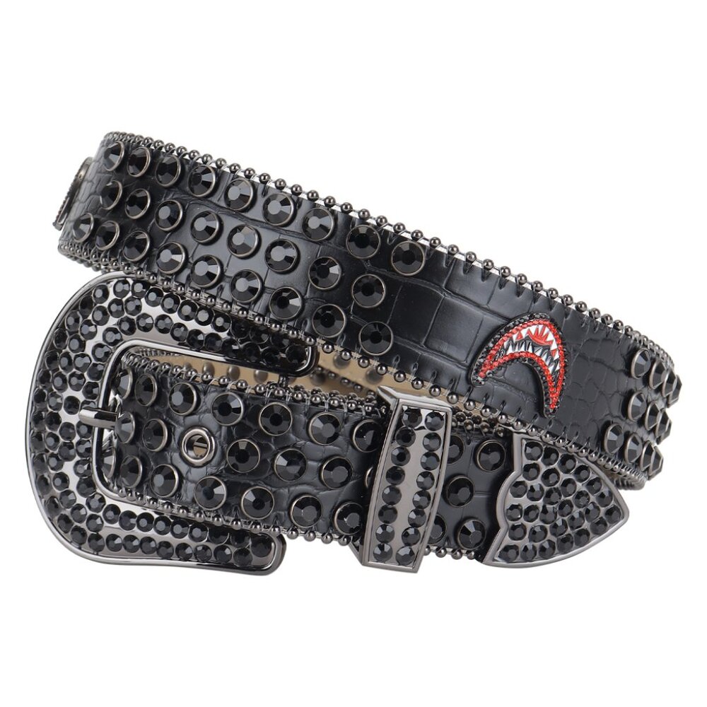 Rhinestone Belt-SUN044-Black Belt with Shark mouth Conchos &  Black Rhinestones